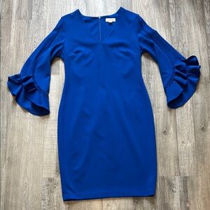 Calvin Klein Blue Sheath Dress with Bell Sleeves
